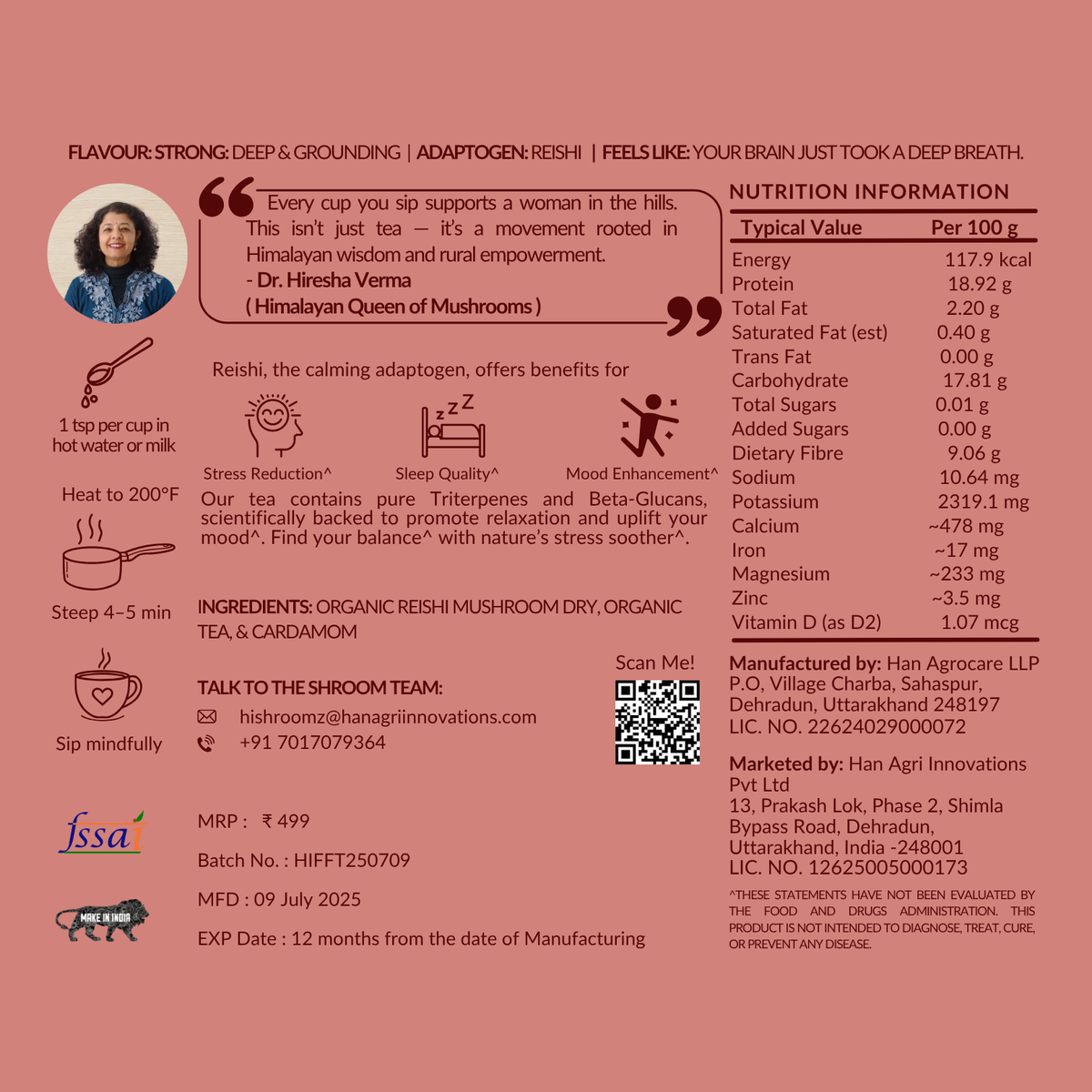 Hi Shroomz Tea packaging with nutritional information, ingredients, and branding on a red background