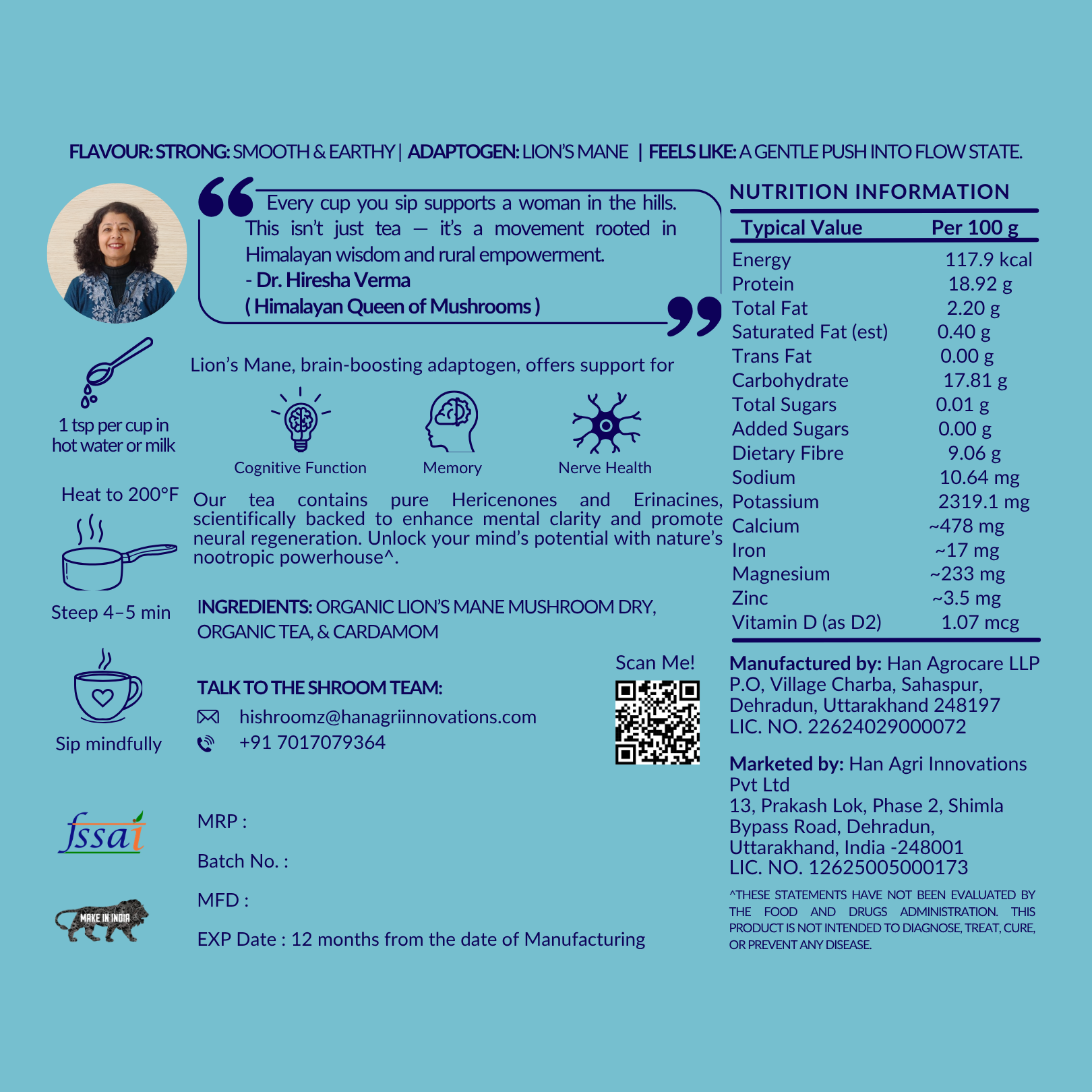 Hi Shroomz  Tea packaging with nutritional information, ingredients, and branding on a blue background