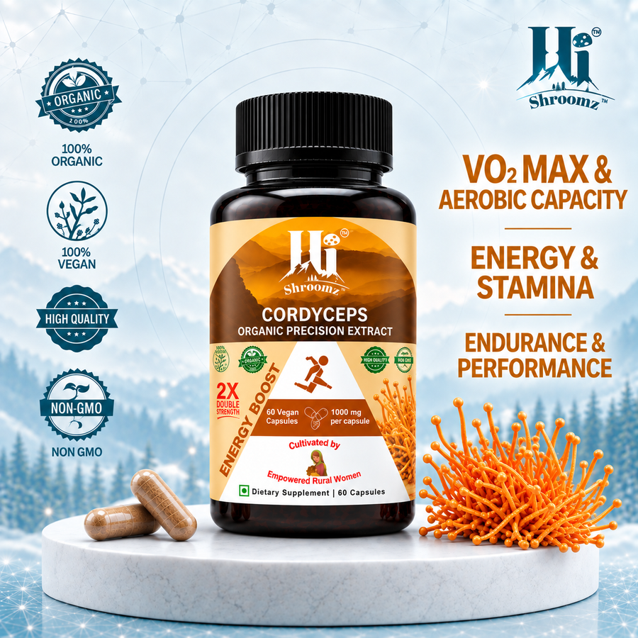 A bottle of Hi Shroomz Cordyceps Organic Precision Extract dietary supplement capsules displayed on a white marble pedestal with two loose capsules beside it. The benefits includes for sports nutrition, fitness and workout supplement to increase VO2 max, energy, stamina, endurance and performance.