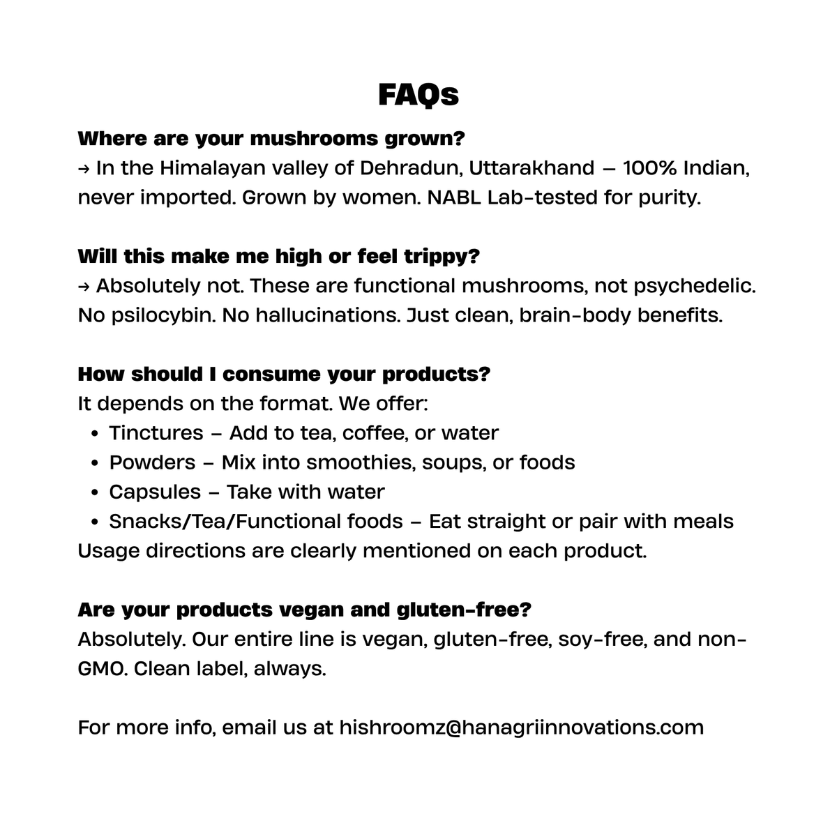 FAQs section about mushrooms grown in the Himalayan valley of Dehradun, Uttarakhand by Hi Shroomz and Han Agri Innovations