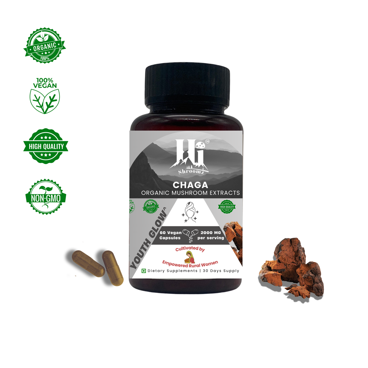 Chaga Mushroom 60 Capsules – Skin Glow & Detox, Himalayan Extract