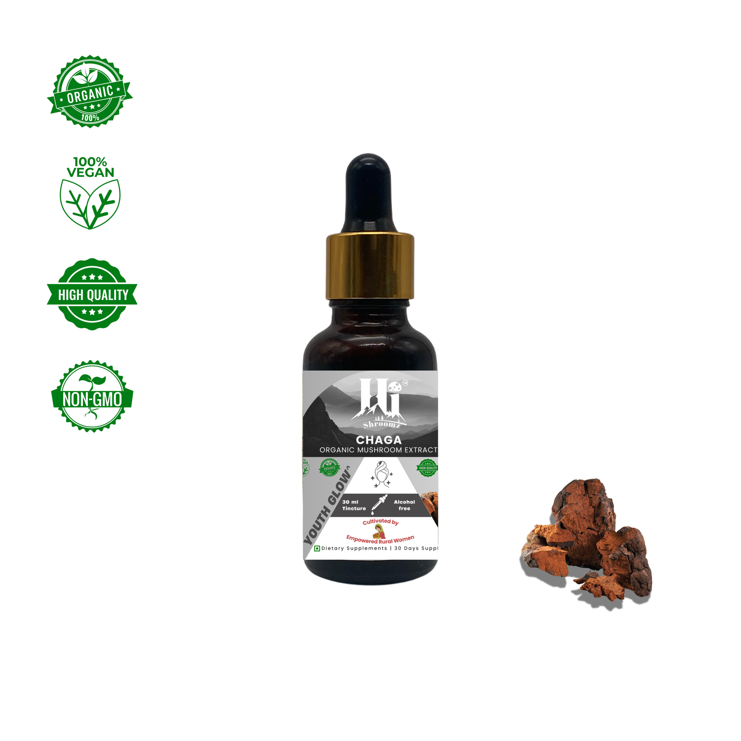 Chaga Mushroom Drops India – Skin Glow & Detox, Wild Himalayan Extract