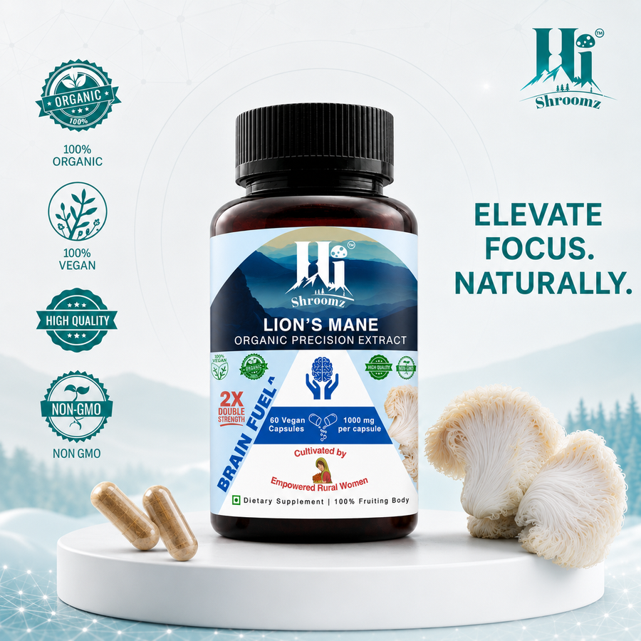 Hi Shroomz Lion’s Mane mushroom extract capsules with Lion’s Mane fruiting bodies, highlighting organic, vegan, non-GMO and high-quality product attributes
