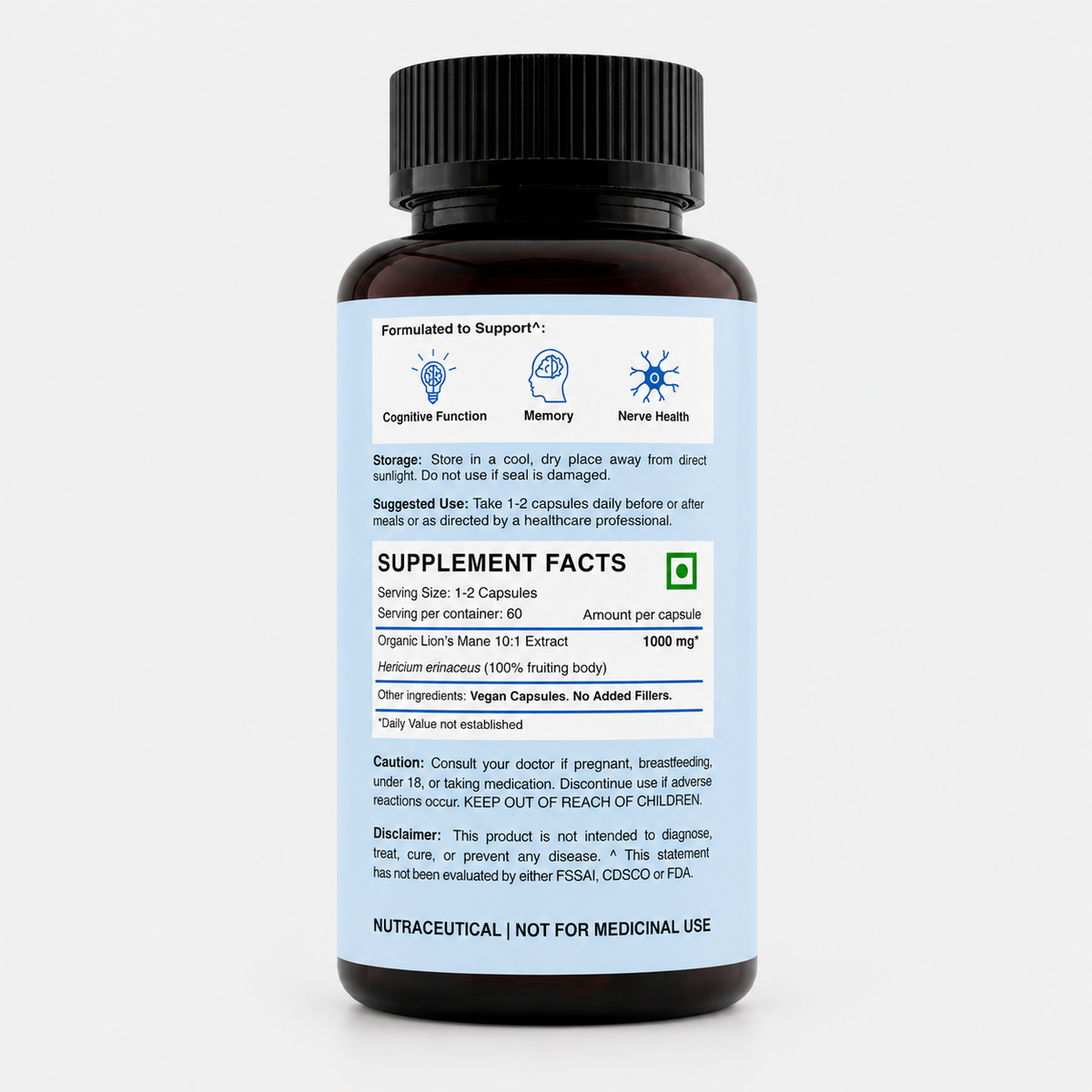 Back label of Hi Shroomz Lion’s Mane mushroom extract capsules showing supplement facts, 10:1 Hericium erinaceus fruiting body extract, ingredients, directions and product information