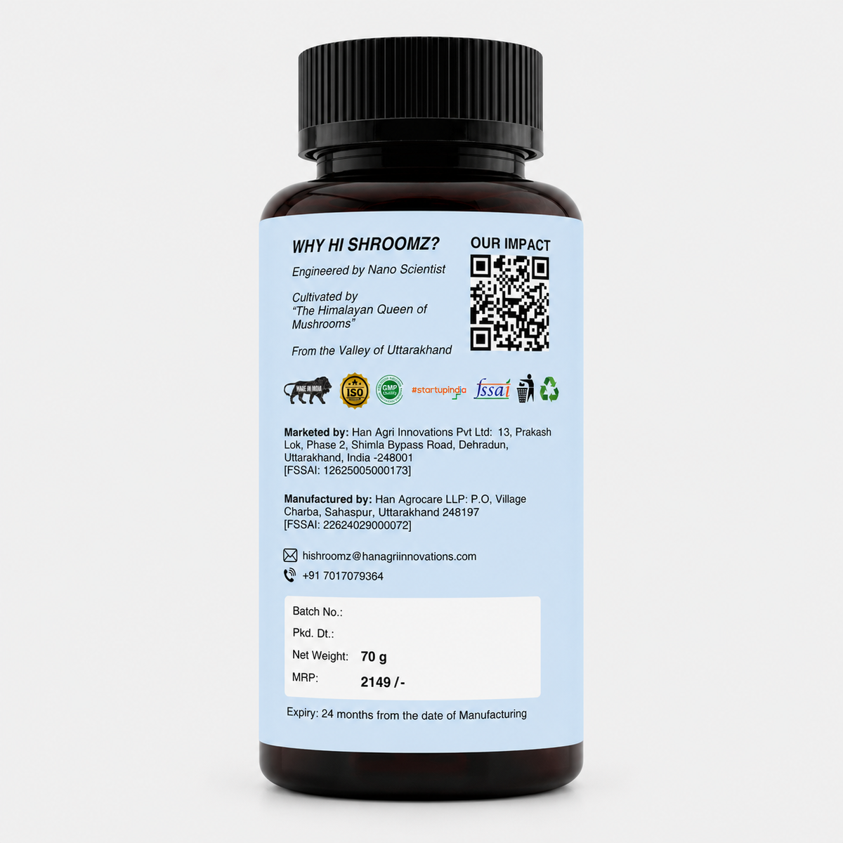 Back label of Hi Shroomz Organic Lion's Mane Mushroom Precision Extract showing manufacturer details, FSSAI information, certifications, product traceability and 70 g net weight