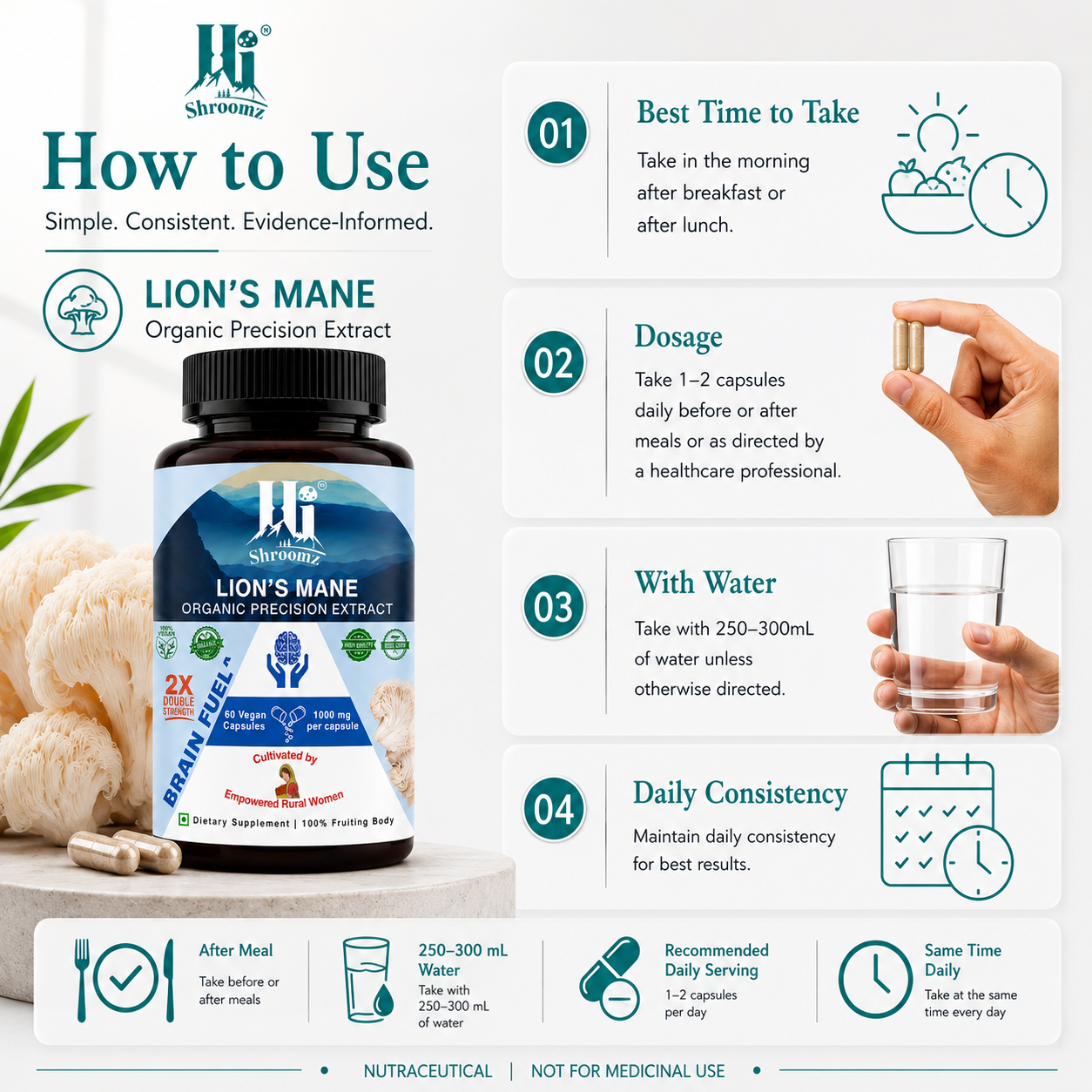 How to use Hi Shroomz Lion’s Mane Organic Precision Extract capsules, including daily serving, timing and water instructions