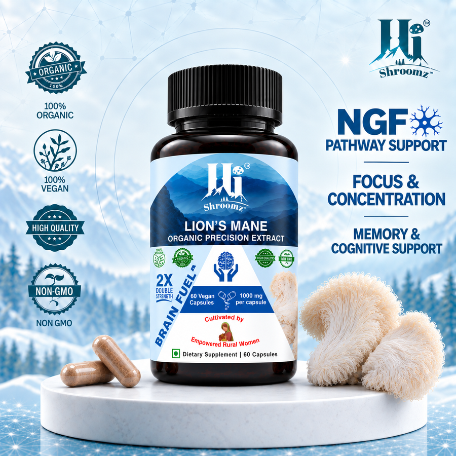 A bottle of Hi Shroomz Lion's Mane dietary supplement displayed on a white pedestal with two capsules beside it, surrounded by promotional badges and text on a snowy blue background. The benefits are working on Nerve growth factor and promoting focus, concentration, memory and cognitive support.
