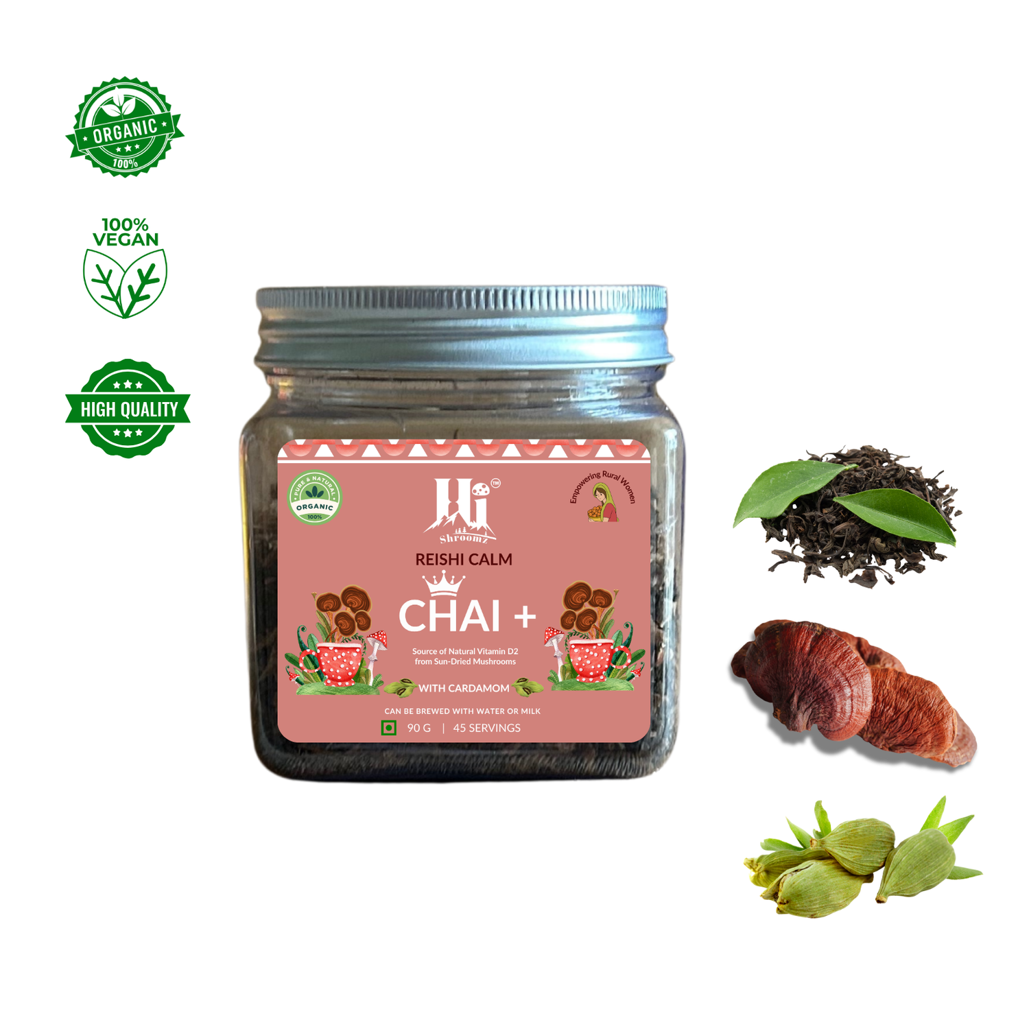 Hi Shroomz Reishi Calm Chai+ jar with organic mushroom tea and cardamom blend – 90g, 45 servings - Han Agri Innovations Pvt. Ltd., Dehradun, Uttarakhand