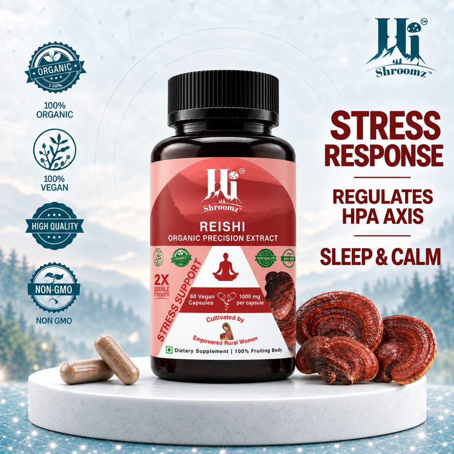 Hi Shroomz Reishi Organic Precision Extract supplement bottle on a white pedestal with loose capsules and reishi mushrooms, surrounded by marketing text and badges on a snowy outdoor-style background. The benefits include anti- stress response, regulates HPA ais and promotes sleep and calm and mood regulation.