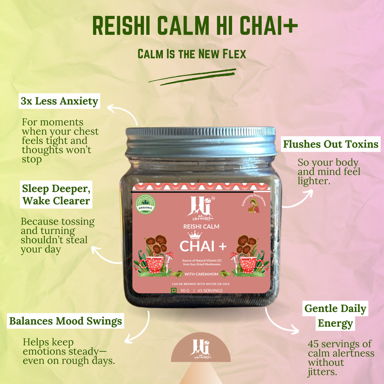 A jar of Reishi Calm HI Chai+ herbal tea centered on a pastel gradient background with marketing text callouts around it. The jar has a pink label with tea cup illustrations and a silver lid.