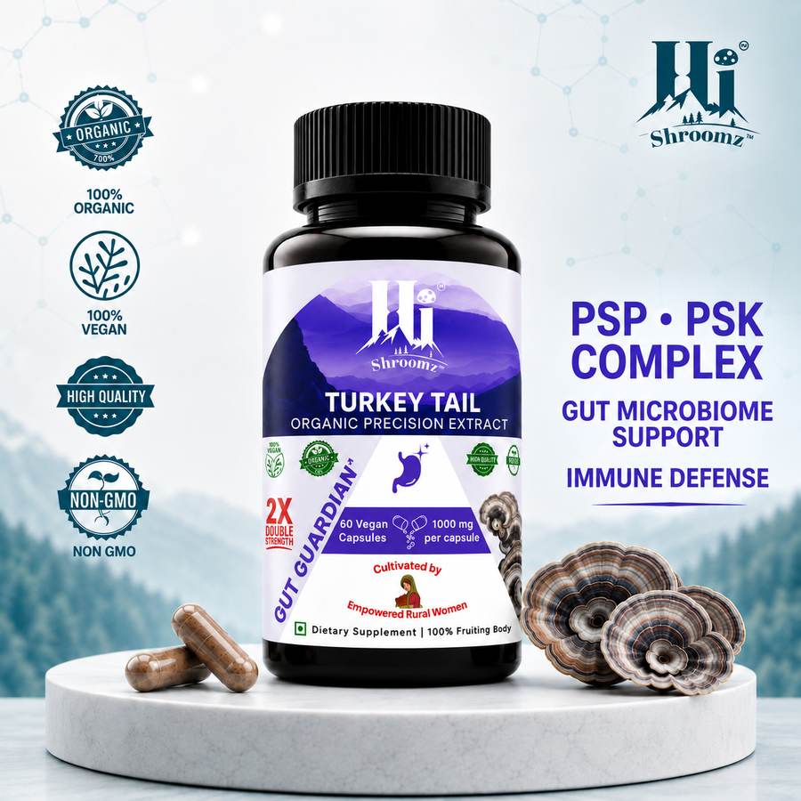 Hi Shroomz Organic Turkey Tail Hot-water fruiting-body extracts which naturally contains PSP-PSK complex which helps maintains gut microbiome and immune defense.