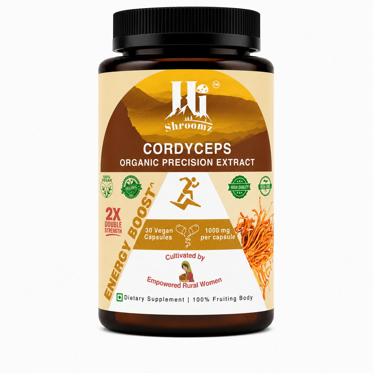 Hi Shroomz Cordyceps Organic Precision Extract with 30 vegan capsules, 1000 mg per capsule, 2X Double Strength and 100% fruiting body