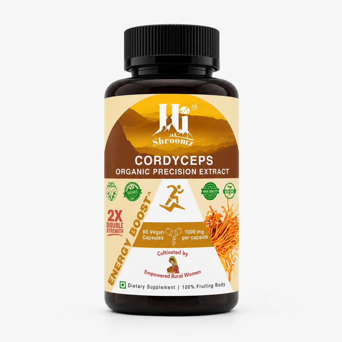 Hi Shroomz Cordyceps Organic Precision Extract with 60 vegan capsules, 1000 mg per capsule, 2X Double Strength and 100% fruiting body