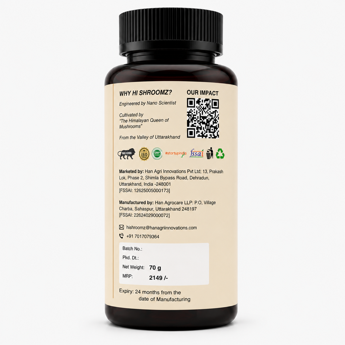 Hi Shroomz Cordyceps vegan capsules back label showing product manufacturing details, FSSAI information, ISO and GMP certifications, Made in India, Uttarakhand origin