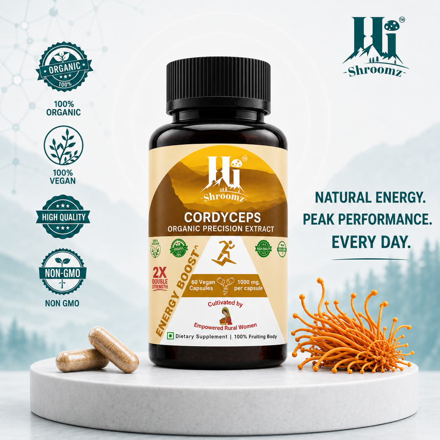 Hi Shroomz Cordyceps capsule supplement made from organic Cordyceps militaris 100% fruiting body extract, formulated for energy, endurance and physical performance