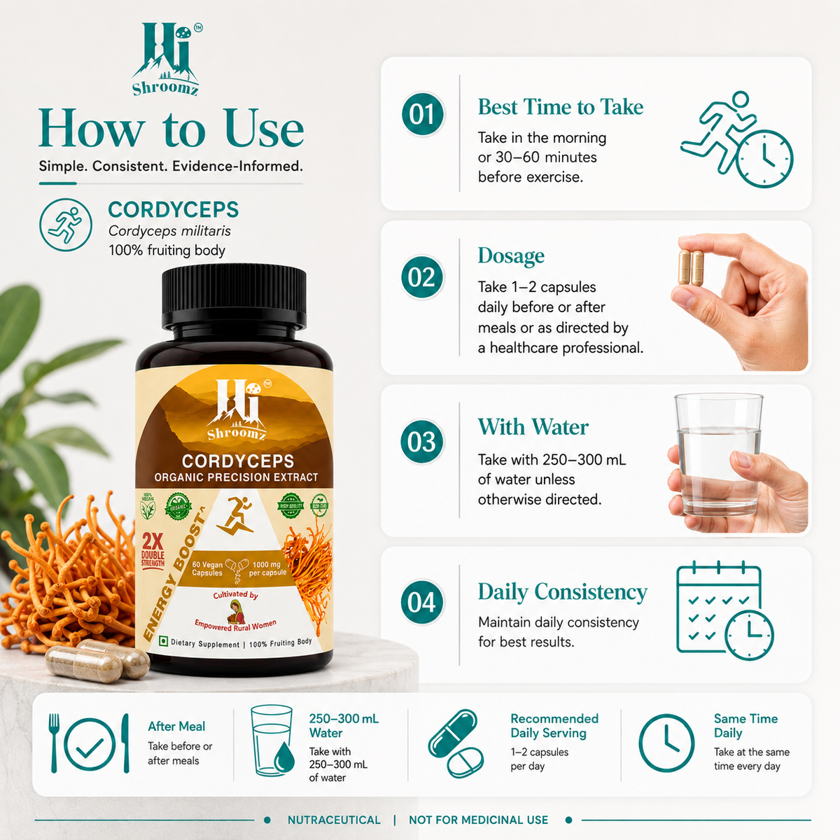 How to use Hi Shroomz Cordyceps militaris capsules: take 1–2 capsules daily, preferably in the morning or 30–60 minutes before exercise, with 250–300 mL water