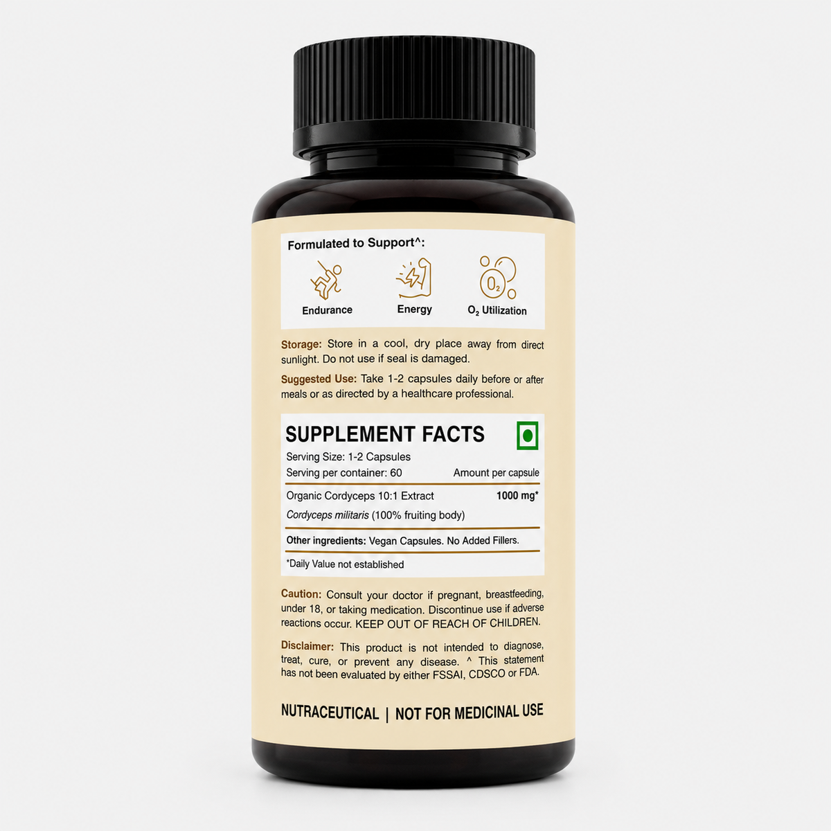 Hi Shroomz Cordyceps supplement facts showing 1000 mg organic Cordyceps 10:1 extract per capsule, Cordyceps militaris 100% fruiting body, vegan capsules and no added fillers