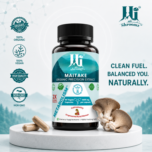 Hi Shroomz Organic Maitake mushroom extract capsules with whole Maitake mushrooms