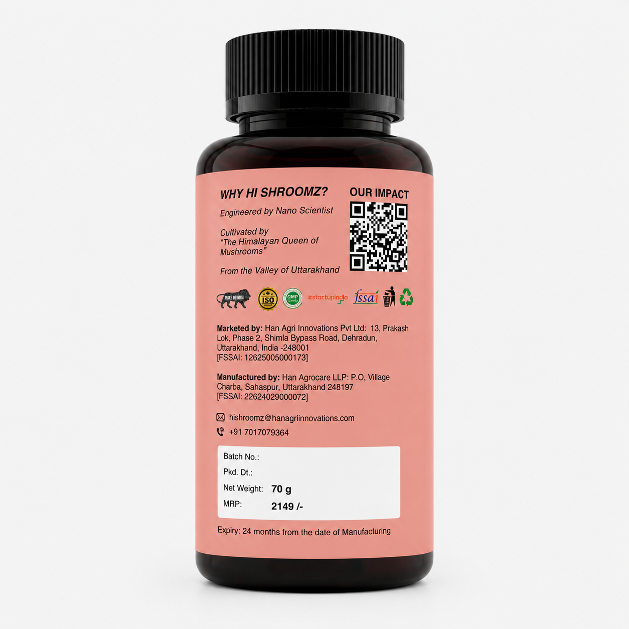 Back label of Hi Shroomz Reishi mushroom capsules showing product information and manufacturing details