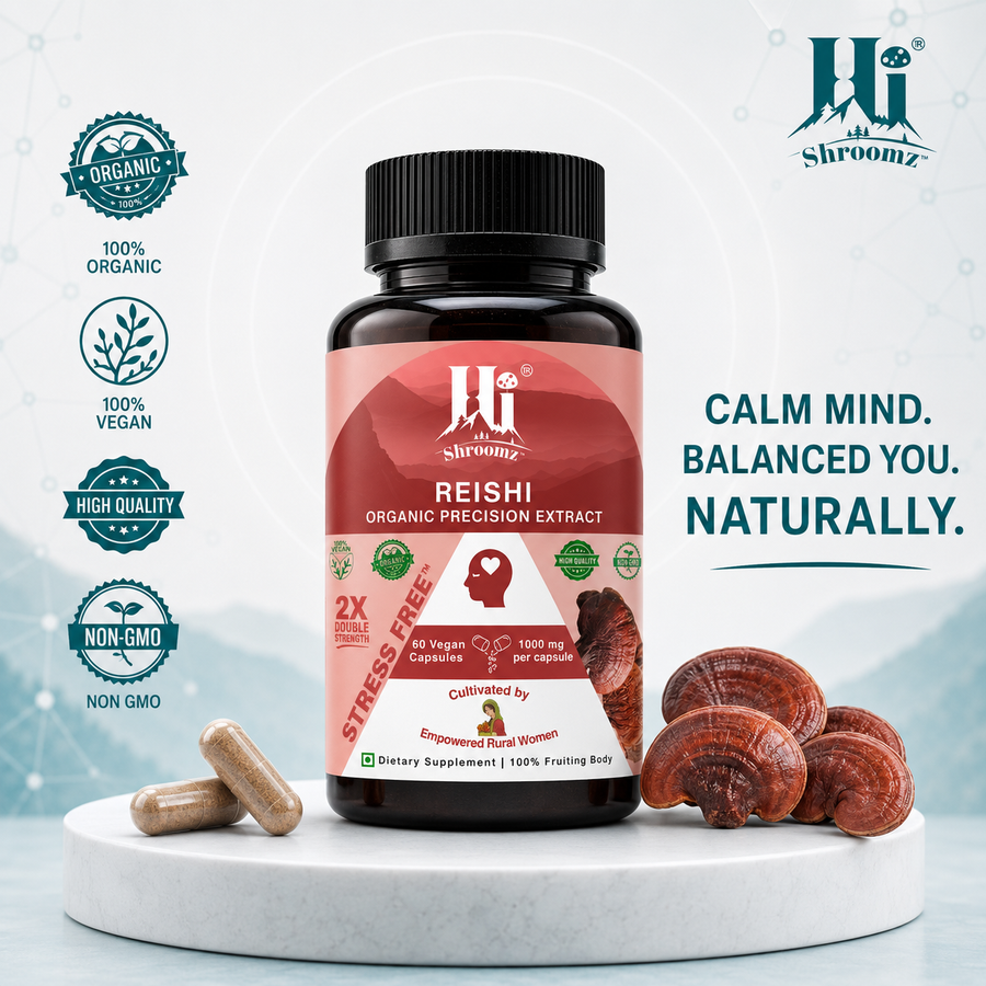 Hi Shroomz Reishi Organic Precision Extract capsules displayed with Reishi mushrooms, highlighting 100% organic, vegan, high-quality and non-GMO attributes