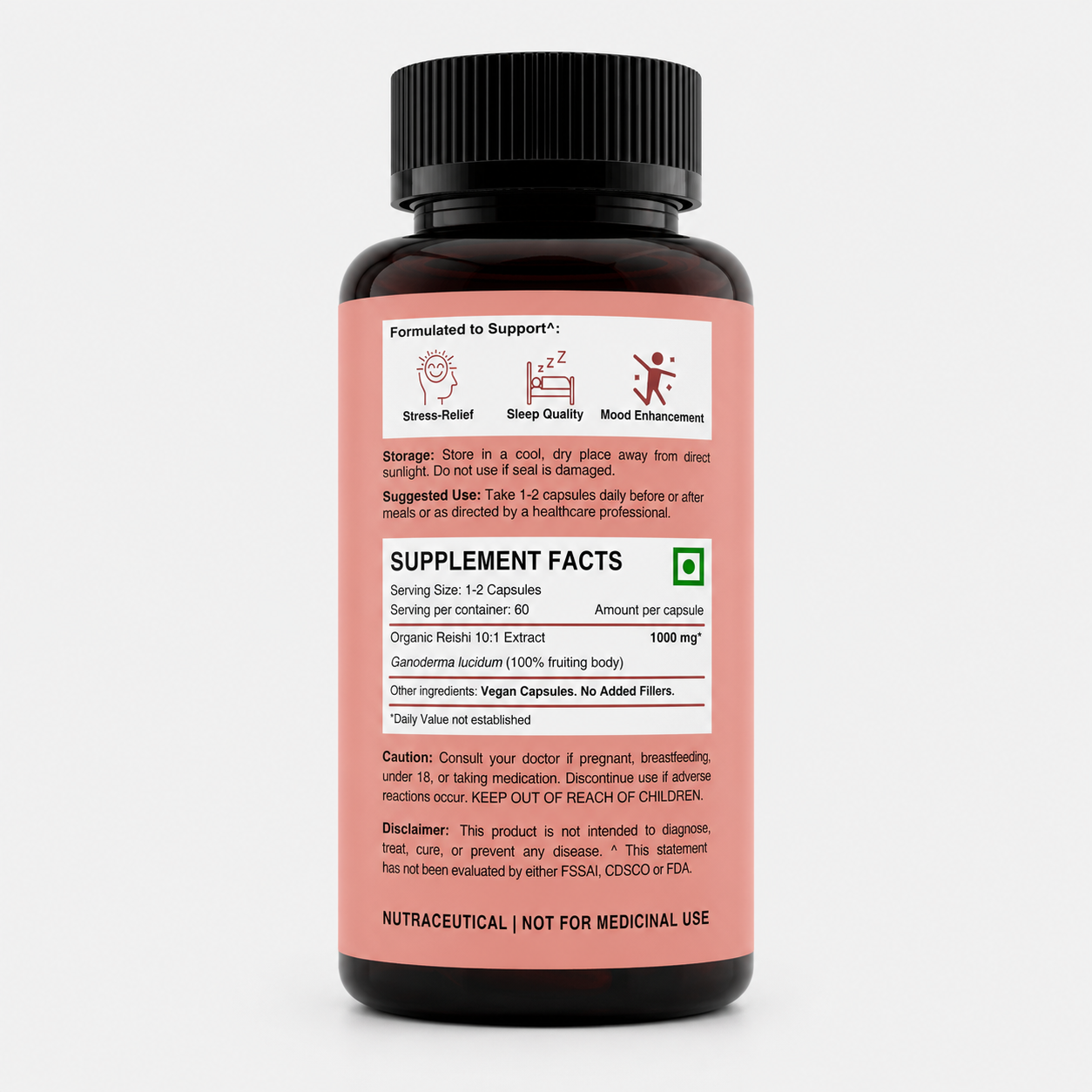 Hi Shroomz Reishi capsules supplement facts showing 1000 mg Reishi 10:1 extract per capsule