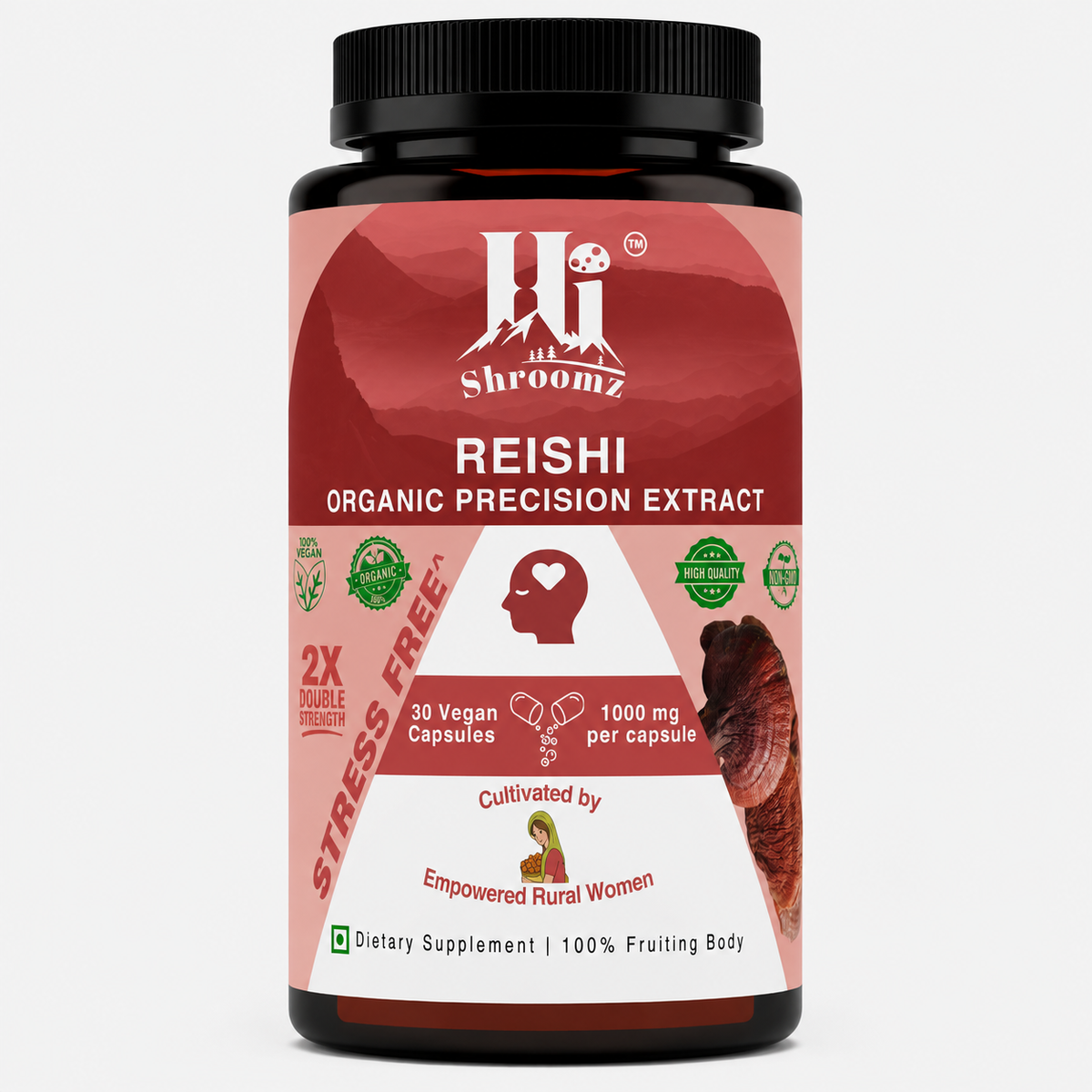 Hi Shroomz Reishi mushroom extract capsules, 30 vegan capsules with 1000 mg per capsule