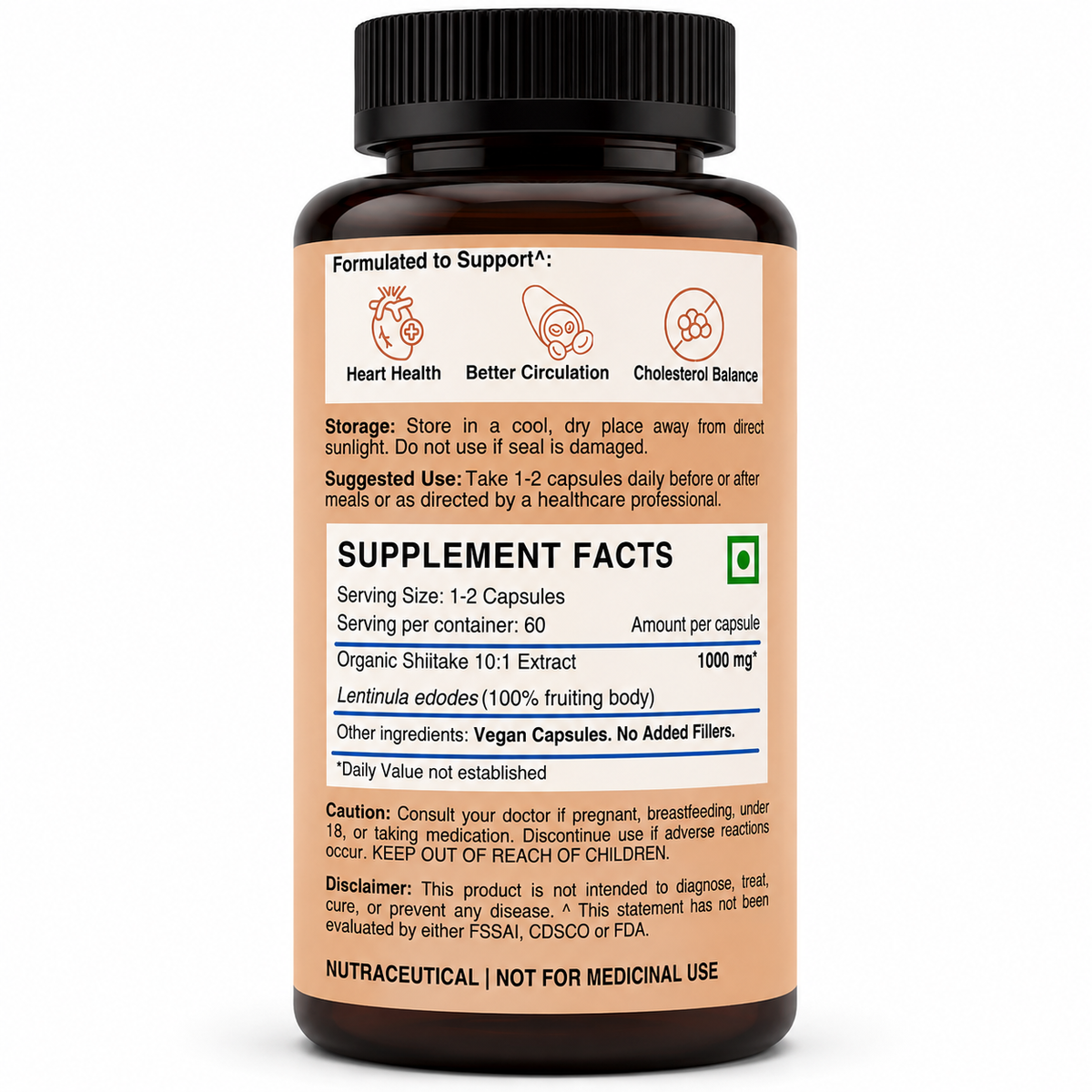 Back label of Hi Shroomz Shiitake mushroom capsules showing supplement facts, ingredients, manufacturer and product information
