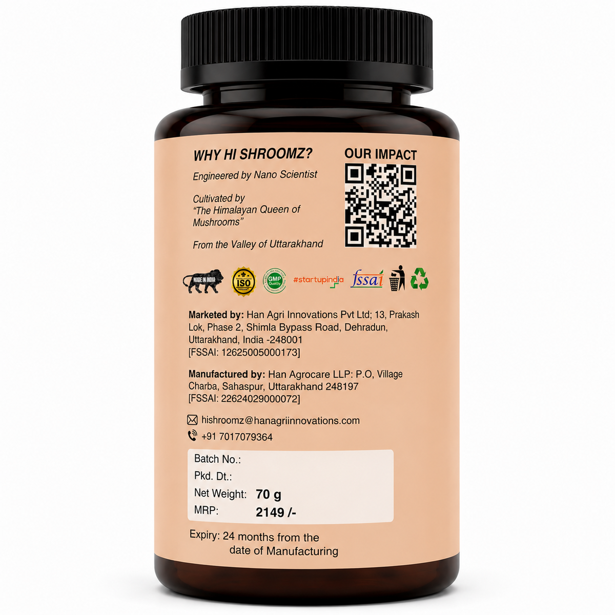 Hi Shroomz Shiitake mushroom capsules back label showing product information, FSSAI details, certifications, manufacturer information and packaging details