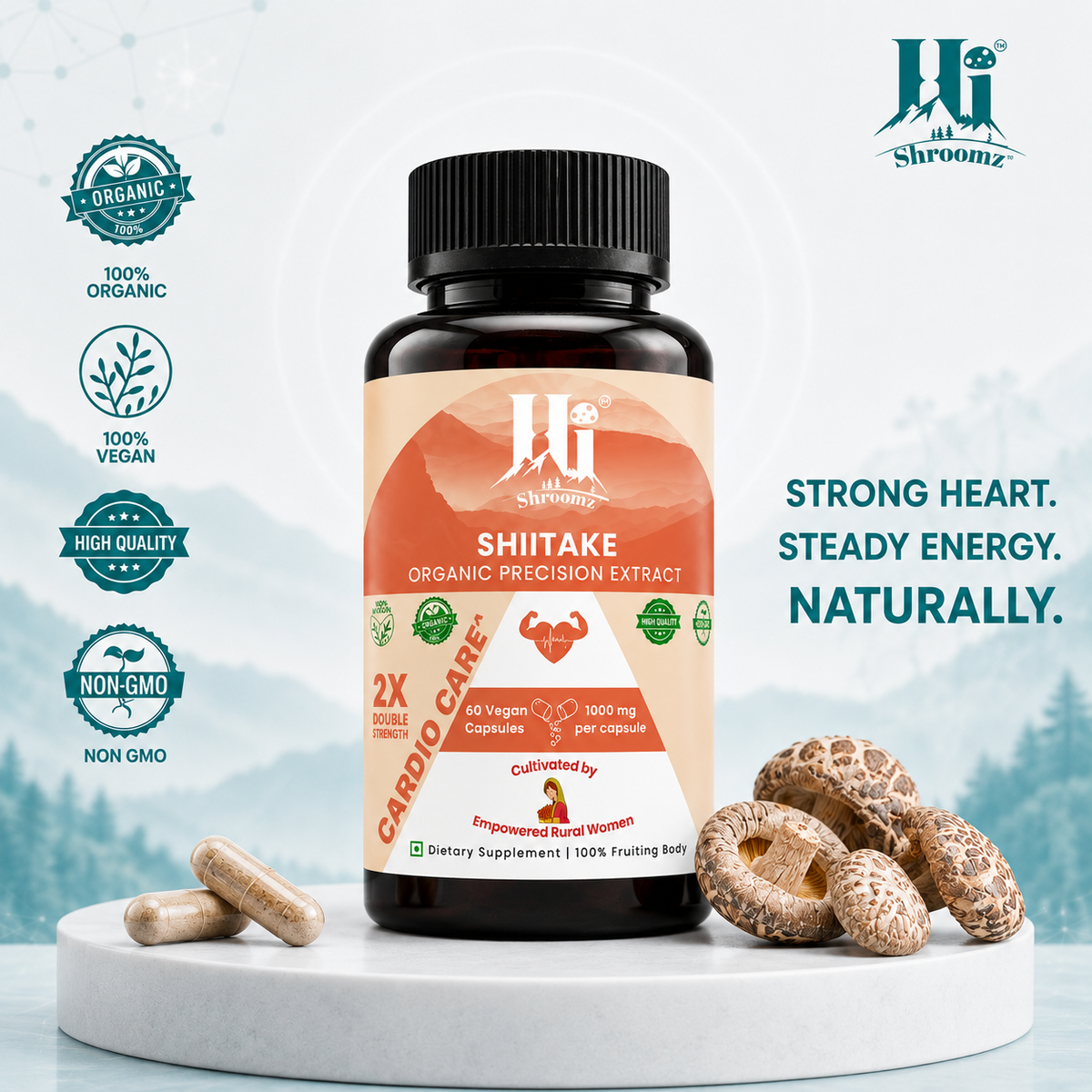 Hi Shroomz Shiitake organic mushroom capsules with Shiitake mushrooms for daily cardiovascular and wellness support
