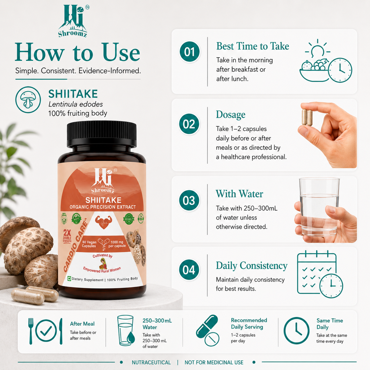 How to use Hi Shroomz Shiitake mushroom capsules with recommended daily serving, timing and water instructions