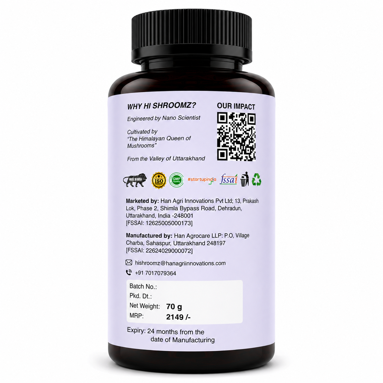 Back label of Hi Shroomz Turkey Tail mushroom capsules showing ingredients, manufacturer information, quality certifications and product details