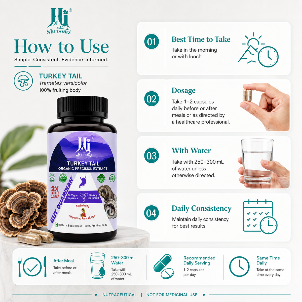 How to use Hi Shroomz Turkey Tail mushroom capsules with recommended daily serving, water and timing instructions