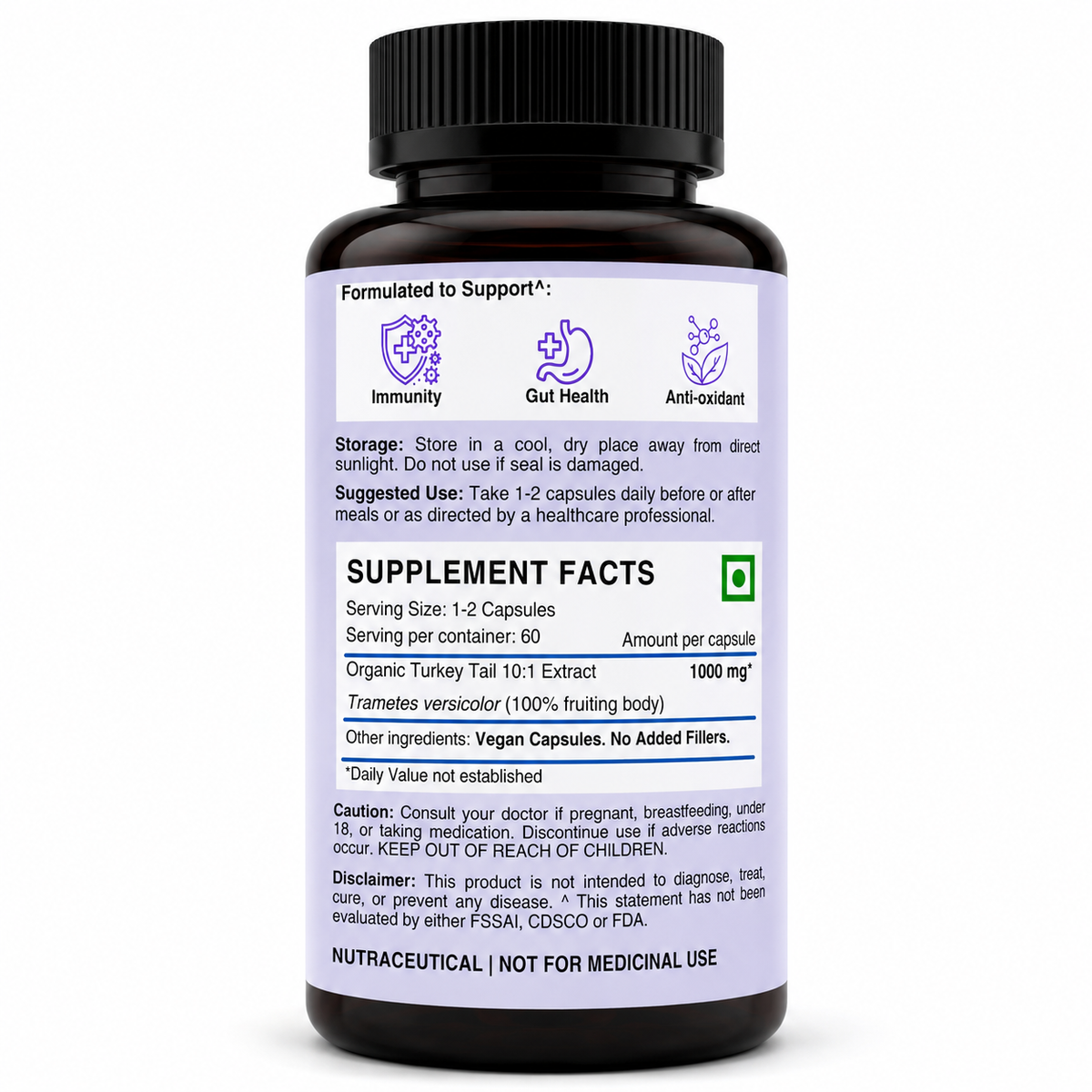 Hi Shroomz Turkey Tail supplement facts showing 1000 mg organic Turkey Tail 10:1 extract per capsule and 100% fruiting body