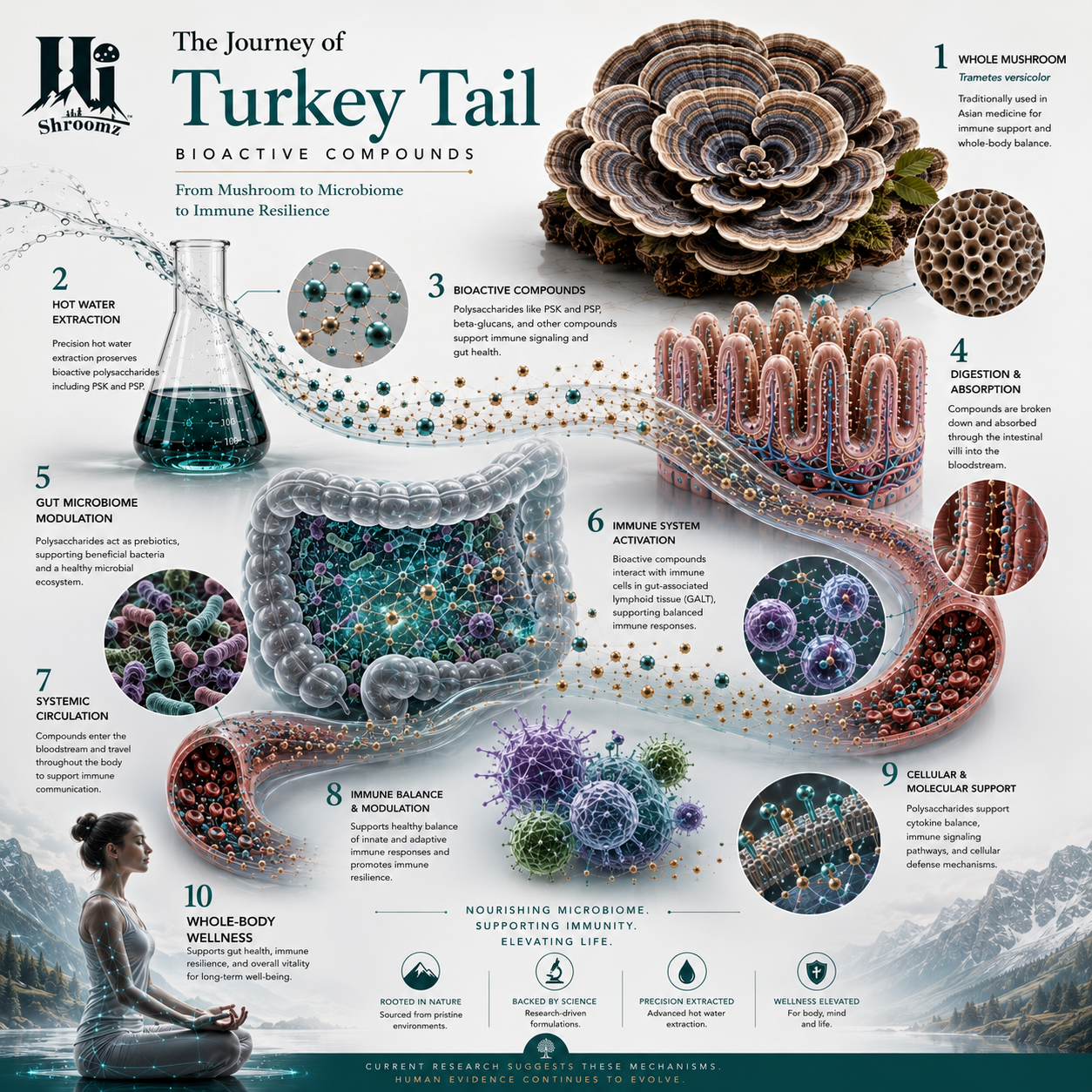 Hi Shroomz Turkey Tail mushroom infographic showing bioactive compounds, hot water extraction, gut microbiome, immune support and whole-body wellness