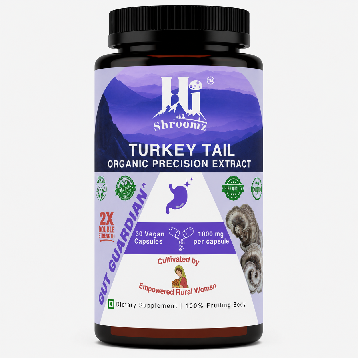 Hi Shroomz Turkey Tail mushroom capsules, 30 vegan capsules with 1000 mg organic Turkey Tail extract per capsule