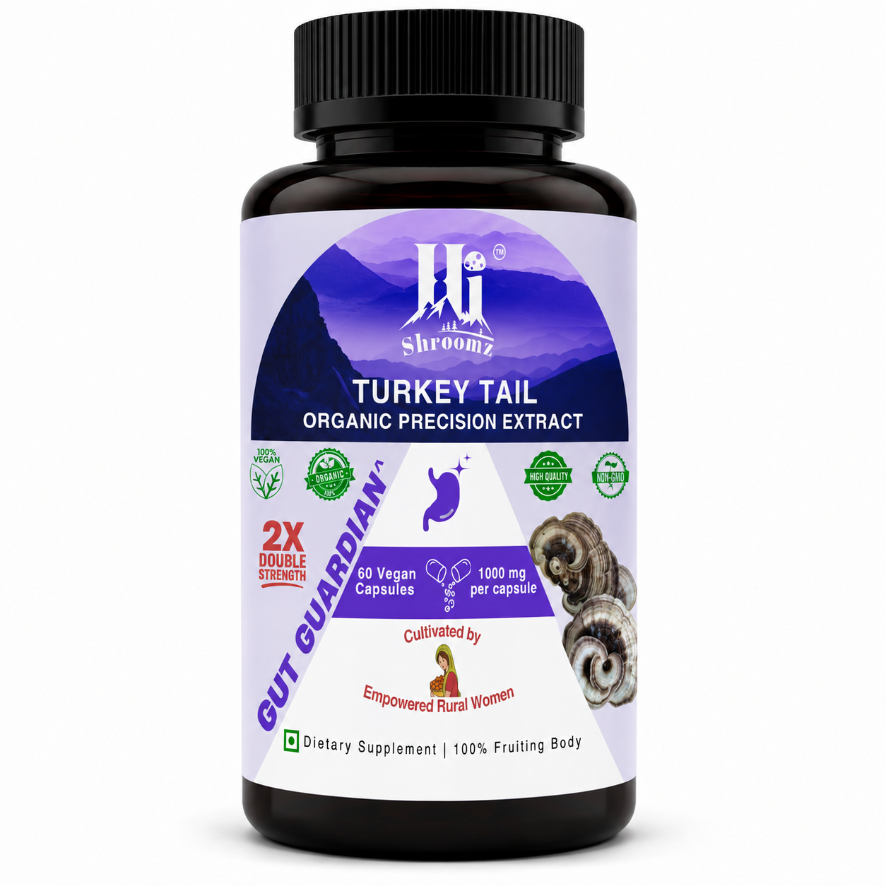Hi Shroomz Turkey Tail mushroom capsules, 60 vegan capsules with 1000 mg organic Turkey Tail extract per capsule