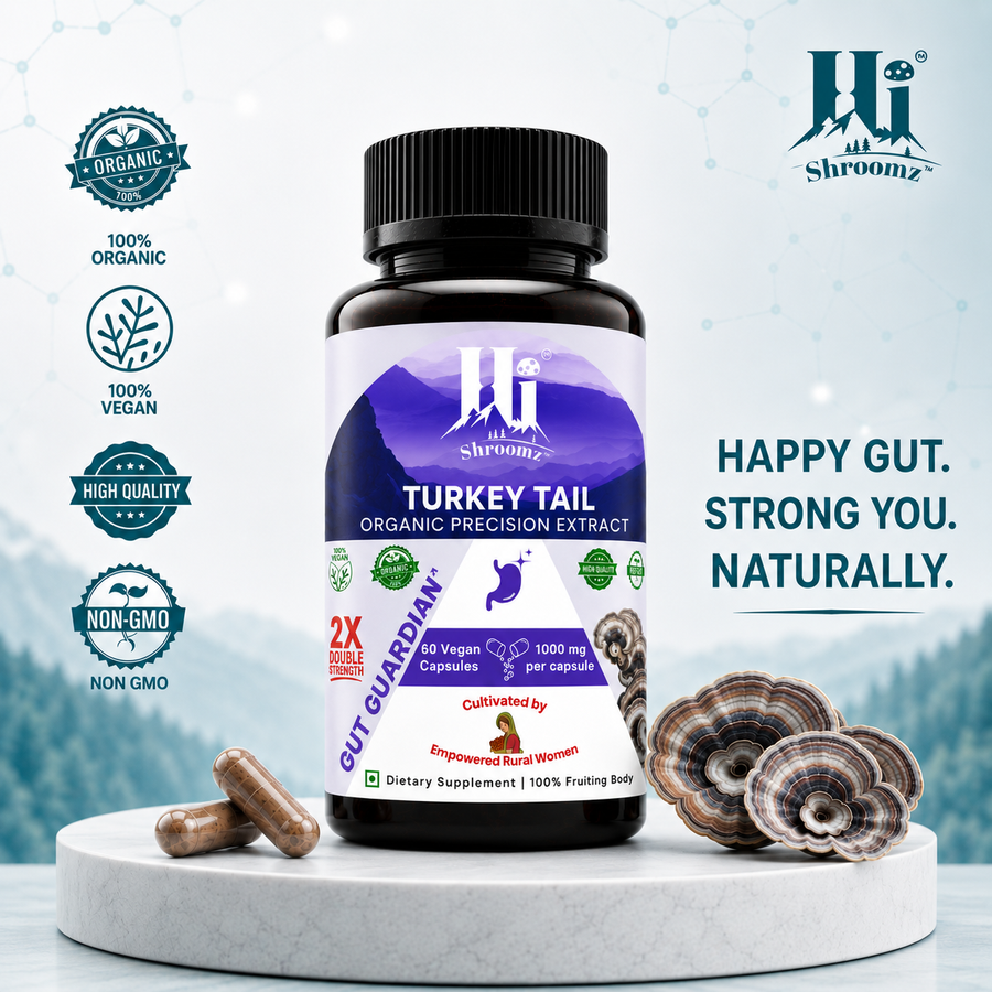 Hi Shroomz Turkey Tail organic mushroom capsules with Turkey Tail fruiting bodies for daily gut and immune wellness